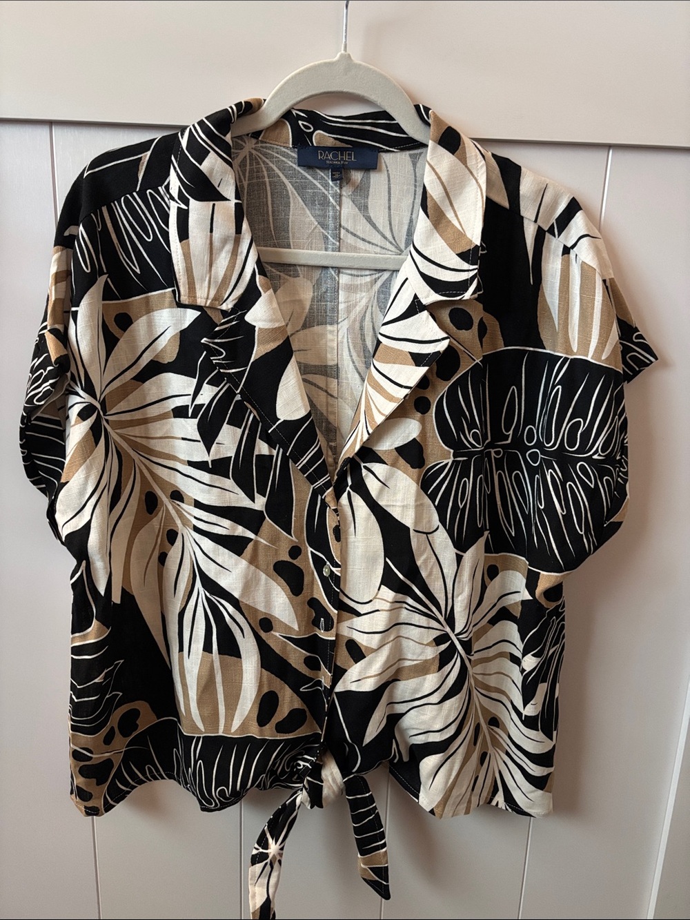 Rachel Black and Beige Tropical Tie-Front Button-Down Top